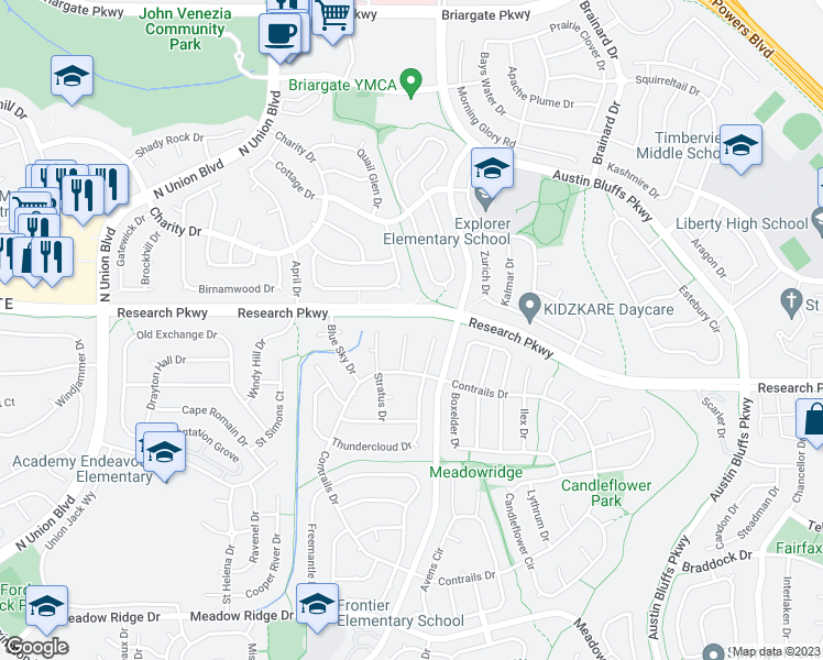 map of restaurants, bars, coffee shops, grocery stores, and more near 8575 Cirrus Court in Colorado Springs