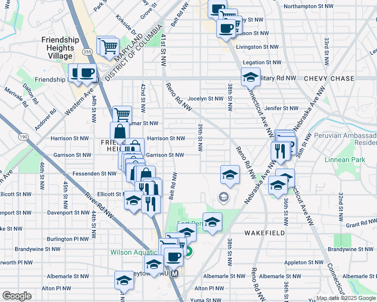 map of restaurants, bars, coffee shops, grocery stores, and more near 3911 Garrison Street Northwest in Washington