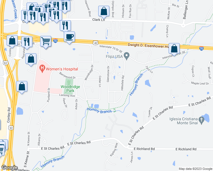 map of restaurants, bars, coffee shops, grocery stores, and more near 505 Glenstone Drive in Columbia