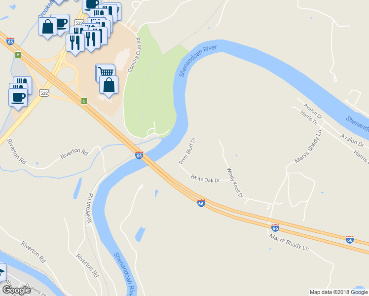 map of restaurants, bars, coffee shops, grocery stores, and more near 97 River Bluff Drive in Front Royal