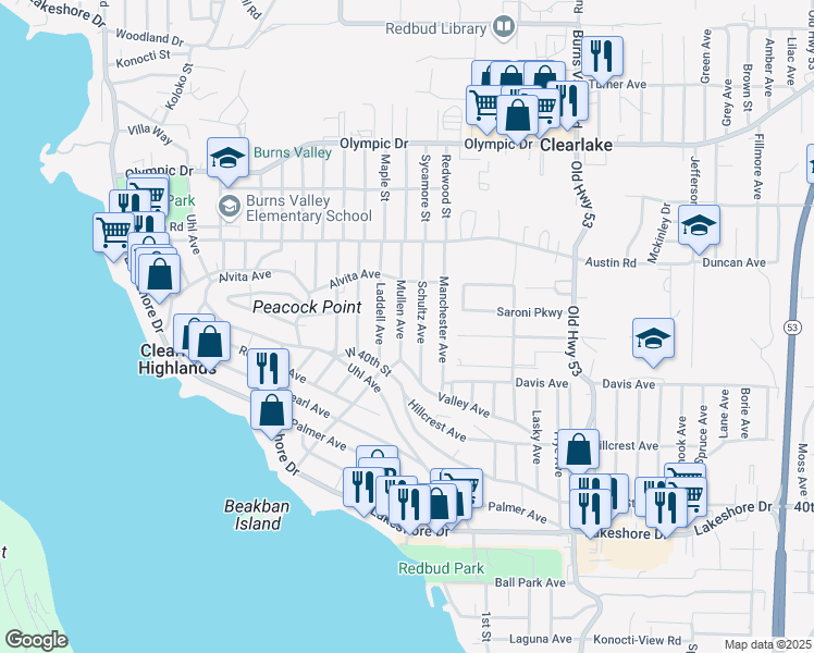 map of restaurants, bars, coffee shops, grocery stores, and more near 3850 Mullen Avenue in Clearlake