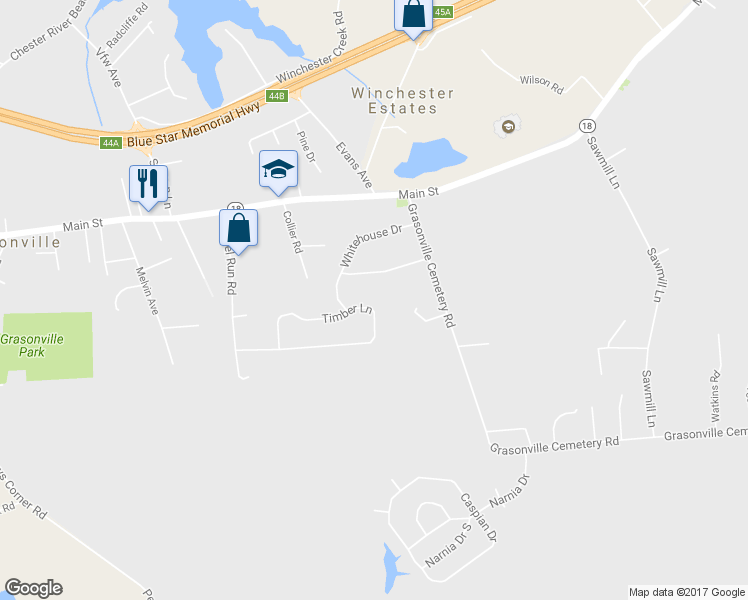 map of restaurants, bars, coffee shops, grocery stores, and more near 340 Timber Lane in Grasonville