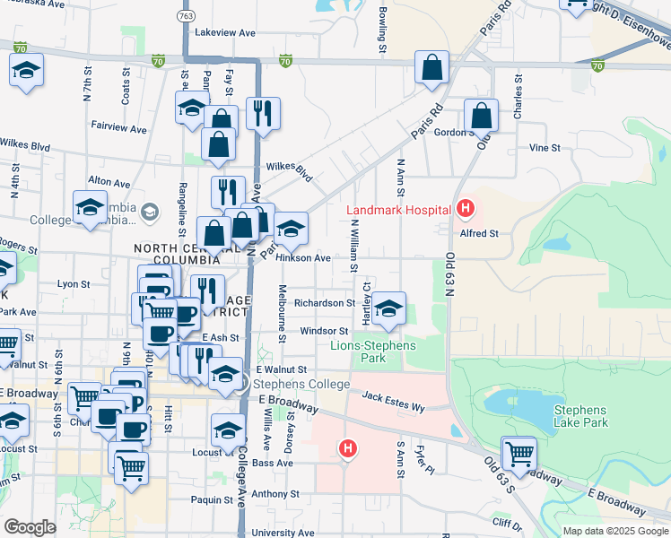 map of restaurants, bars, coffee shops, grocery stores, and more near 1508 Hinkson Avenue in Columbia