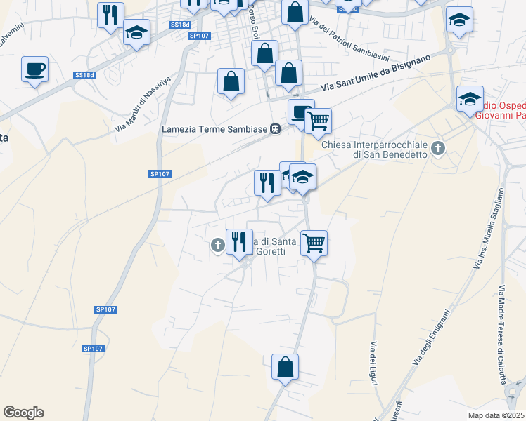 map of restaurants, bars, coffee shops, grocery stores, and more near 17 Via Pietro Mascagni in Lamezia Terme