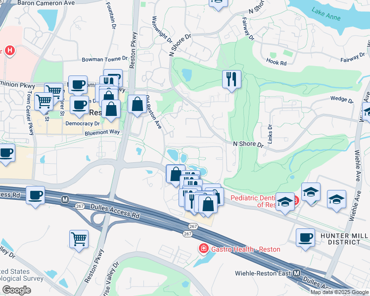 map of restaurants, bars, coffee shops, grocery stores, and more near 11648 American Dream Way in Reston