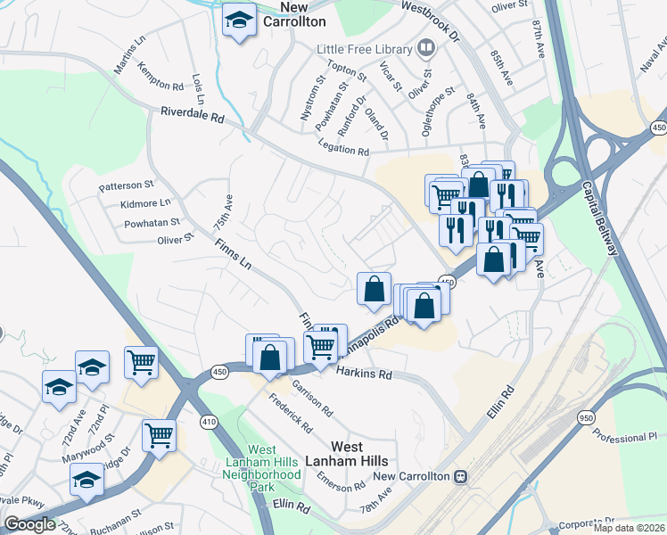 map of restaurants, bars, coffee shops, grocery stores, and more near 5534 Karen Elaine Drive in Hyattsville