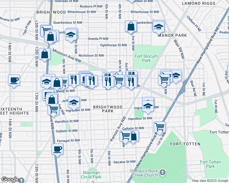 map of restaurants, bars, coffee shops, grocery stores, and more near 408 Kennedy Street Northwest in Washington