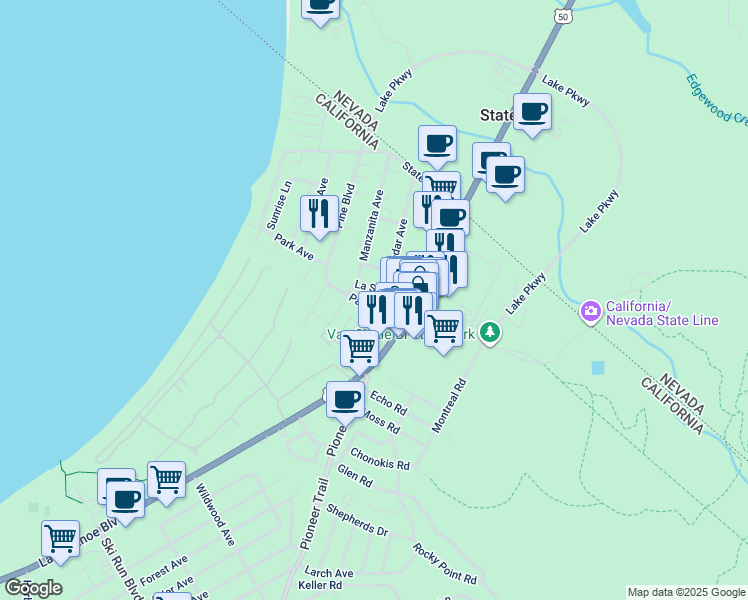 map of restaurants, bars, coffee shops, grocery stores, and more near 947 Park Avenue in South Lake Tahoe