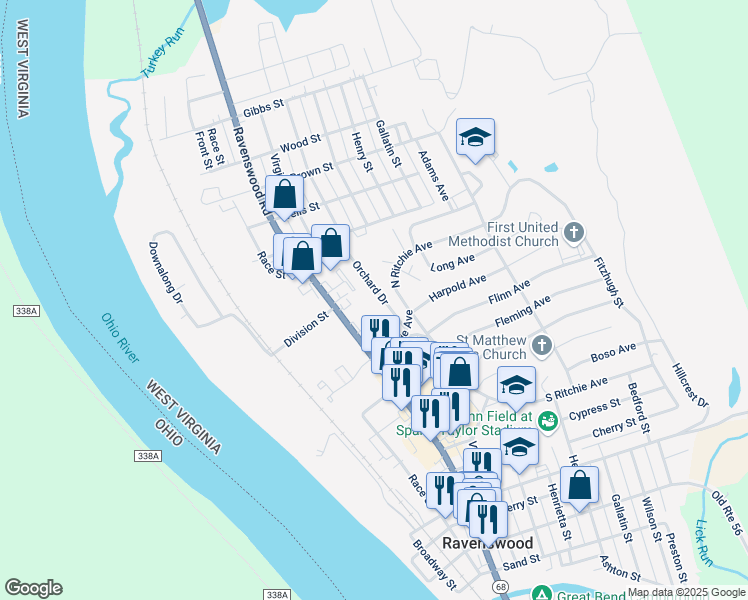 map of restaurants, bars, coffee shops, grocery stores, and more near 624 Orchard Dr in Ravenswood