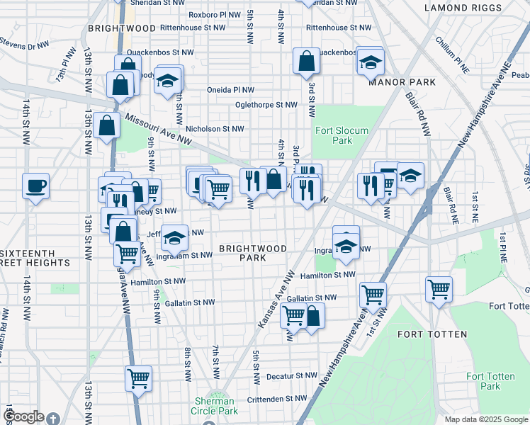 map of restaurants, bars, coffee shops, grocery stores, and more near 414 Kennedy Street Northwest in Washington