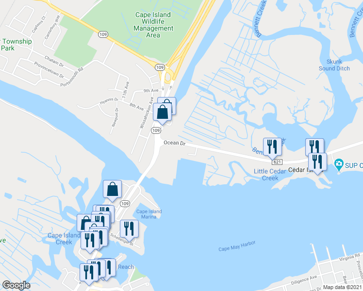 map of restaurants, bars, coffee shops, grocery stores, and more near 906 Ocean Drive in Cape May