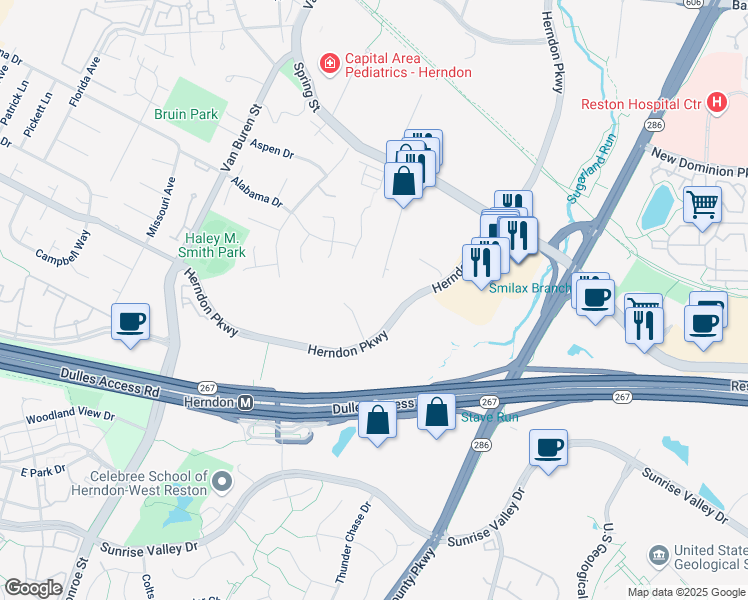map of restaurants, bars, coffee shops, grocery stores, and more near 250 Exchange Place in Herndon