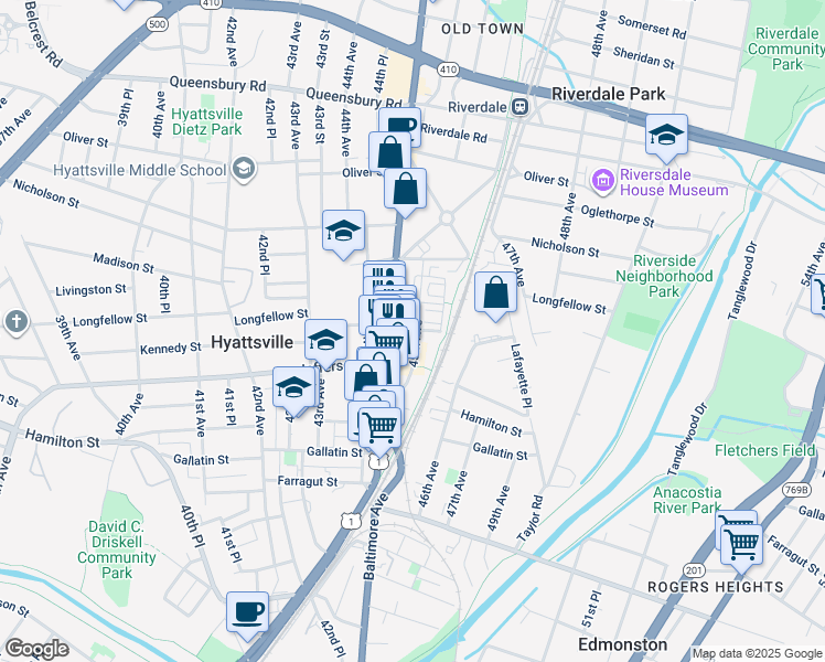 map of restaurants, bars, coffee shops, grocery stores, and more near 5618 45th Avenue in Hyattsville