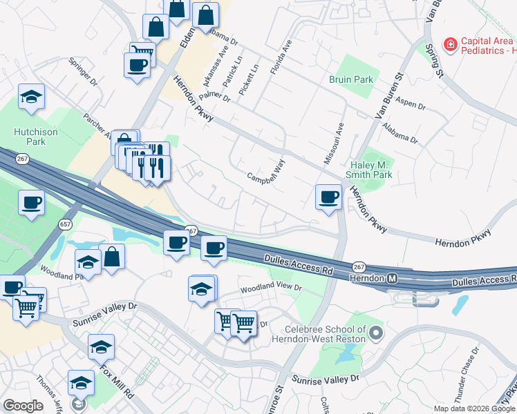 map of restaurants, bars, coffee shops, grocery stores, and more near 12913 Alton Square in Herndon