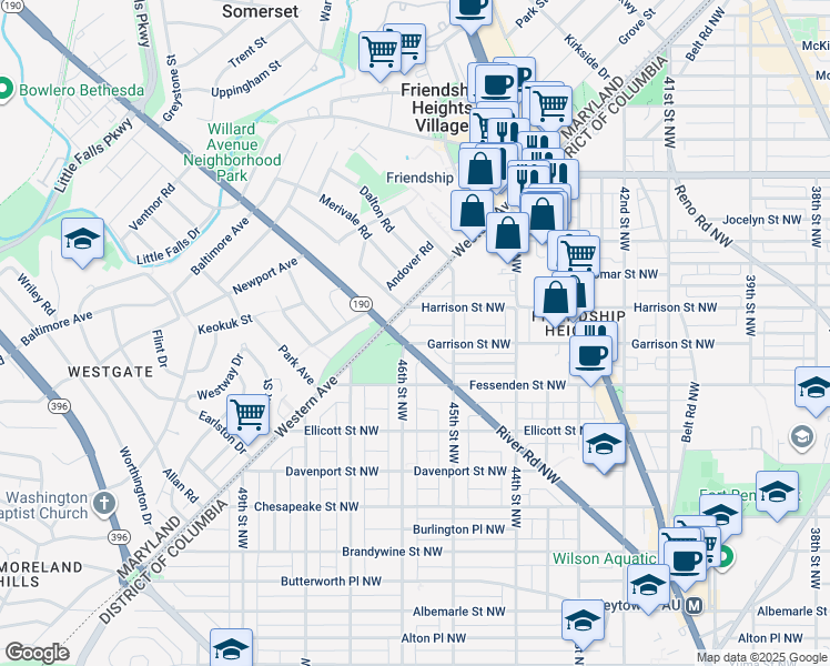 map of restaurants, bars, coffee shops, grocery stores, and more near 4531 Garrison Street Northwest in Washington
