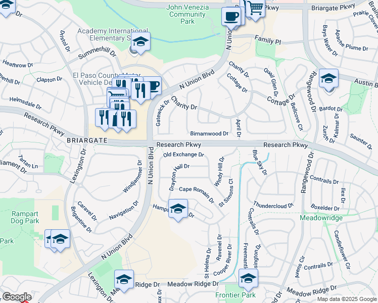 map of restaurants, bars, coffee shops, grocery stores, and more near 8288 Old Exchange Drive in Colorado Springs