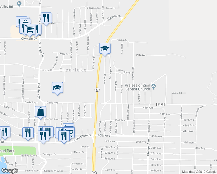 map of restaurants, bars, coffee shops, grocery stores, and more near 3879 Cedar Avenue in Clearlake