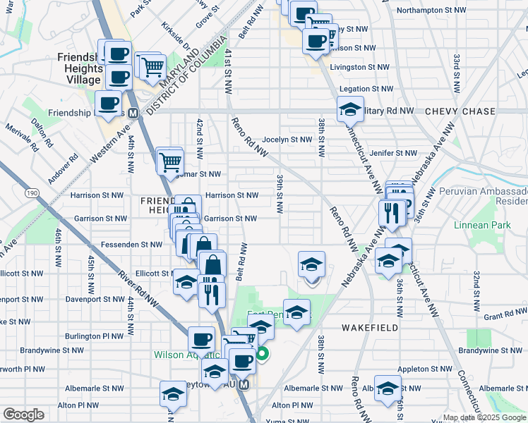 map of restaurants, bars, coffee shops, grocery stores, and more near 3911 Garrison Street Northwest in Washington