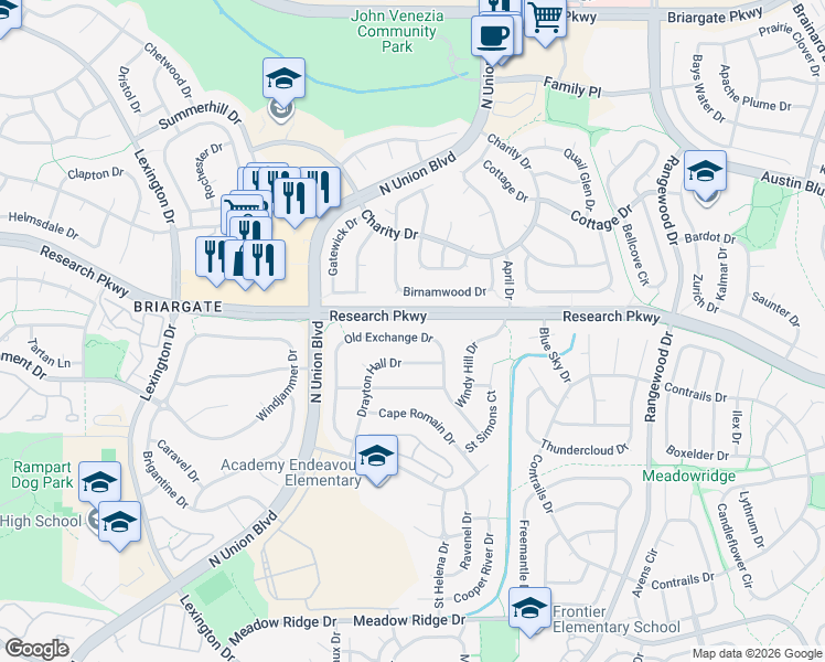 map of restaurants, bars, coffee shops, grocery stores, and more near 8320 Old Exchange Drive in Colorado Springs