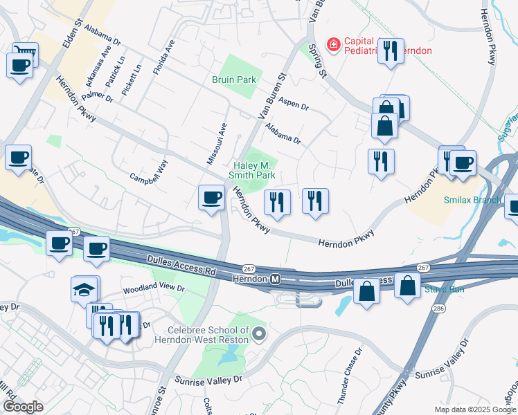 map of restaurants, bars, coffee shops, grocery stores, and more near 620 Herndon Parkway in Herndon