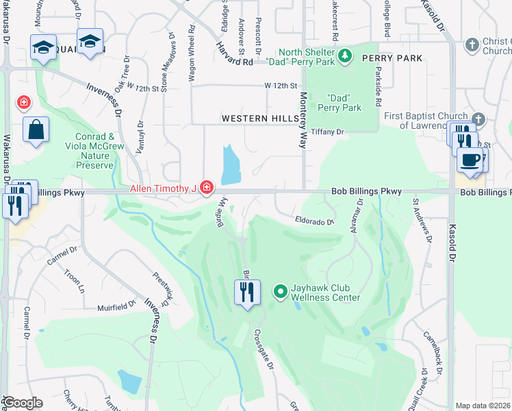 map of restaurants, bars, coffee shops, grocery stores, and more near 1504 Crossgate Drive in Lawrence