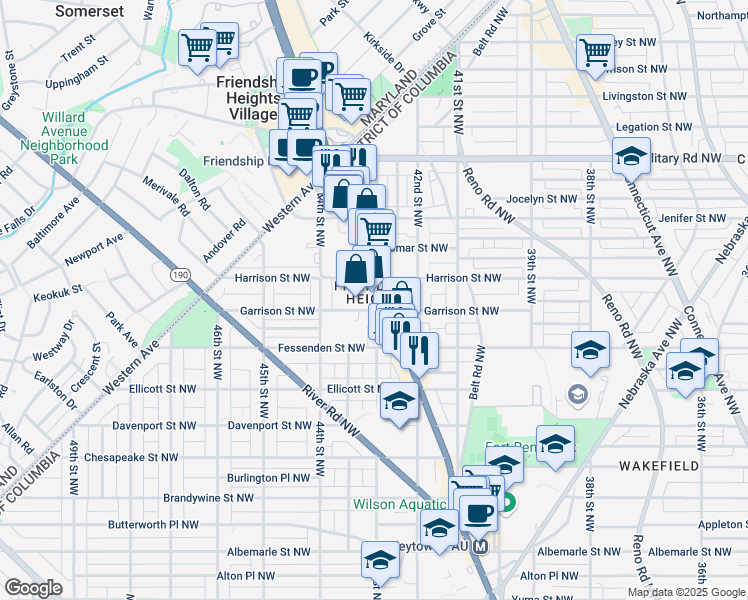map of restaurants, bars, coffee shops, grocery stores, and more near 5100 Wisconsin Avenue in Washington