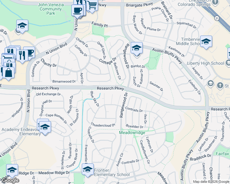 map of restaurants, bars, coffee shops, grocery stores, and more near 8585 Cirrus Court in Colorado Springs