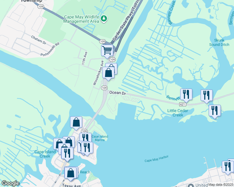 map of restaurants, bars, coffee shops, grocery stores, and more near 906 Ocean Drive in Cape May