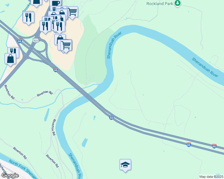 map of restaurants, bars, coffee shops, grocery stores, and more near 97 River Bluff Drive in Front Royal