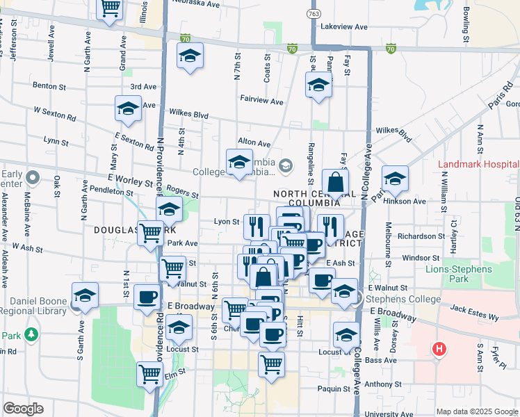 map of restaurants, bars, coffee shops, grocery stores, and more near 802 Rogers Street in Columbia