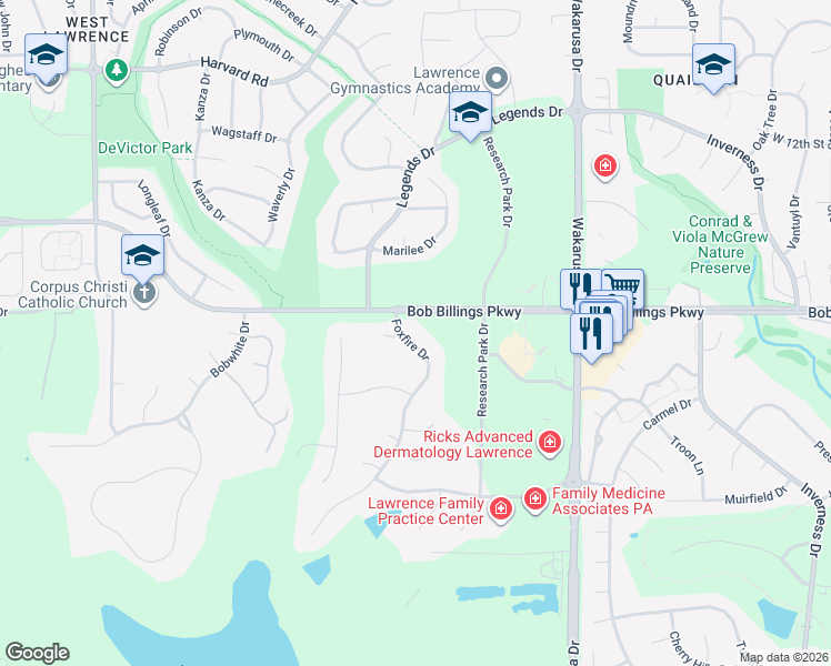map of restaurants, bars, coffee shops, grocery stores, and more near 1504 Foxfire Dr in Lawrence