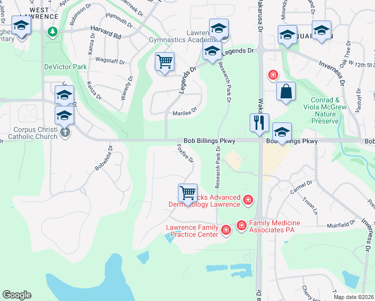 map of restaurants, bars, coffee shops, grocery stores, and more near 1504 Foxfire Drive in Lawrence
