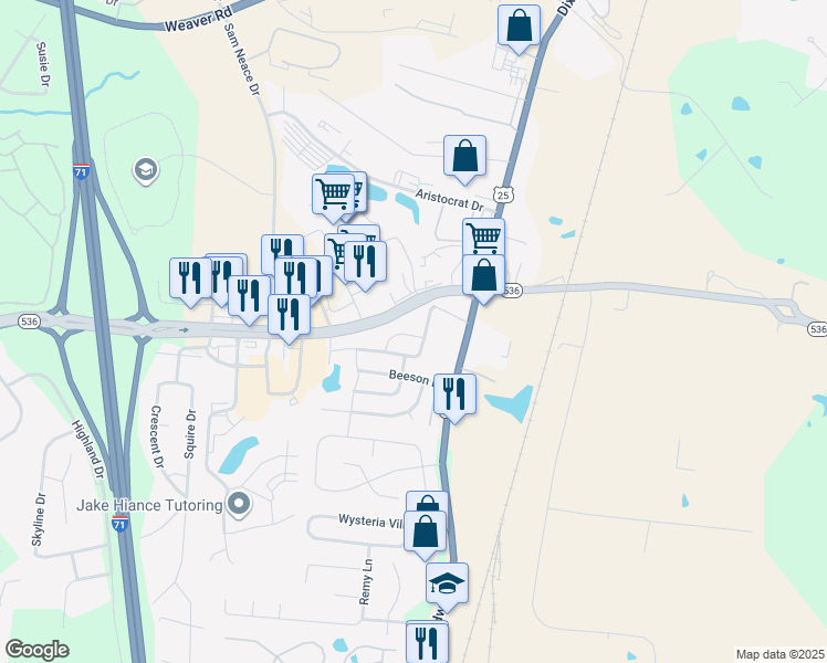 map of restaurants, bars, coffee shops, grocery stores, and more near 160 Hughes Drive in Florence