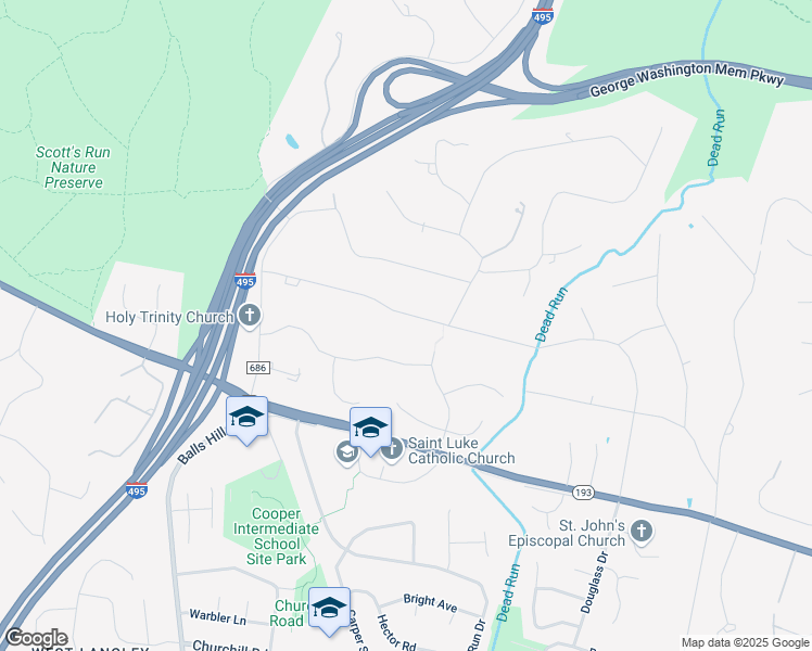 map of restaurants, bars, coffee shops, grocery stores, and more near 7009 Benjamin Street in McLean