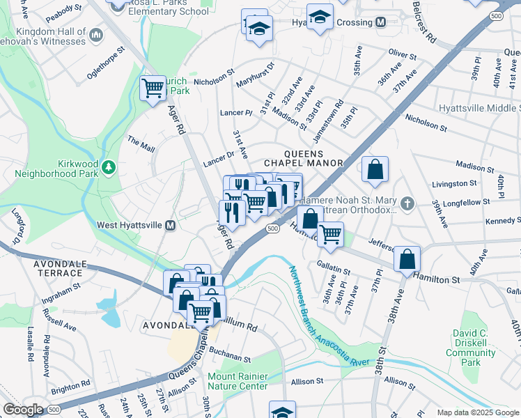 map of restaurants, bars, coffee shops, grocery stores, and more near 3032 Hamilton Street in Hyattsville