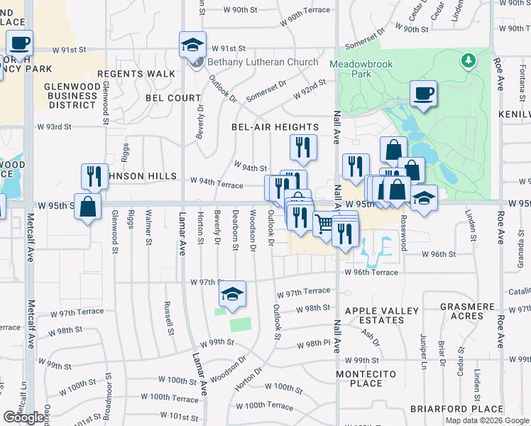 map of restaurants, bars, coffee shops, grocery stores, and more near 9502 Outlook Drive in Overland Park