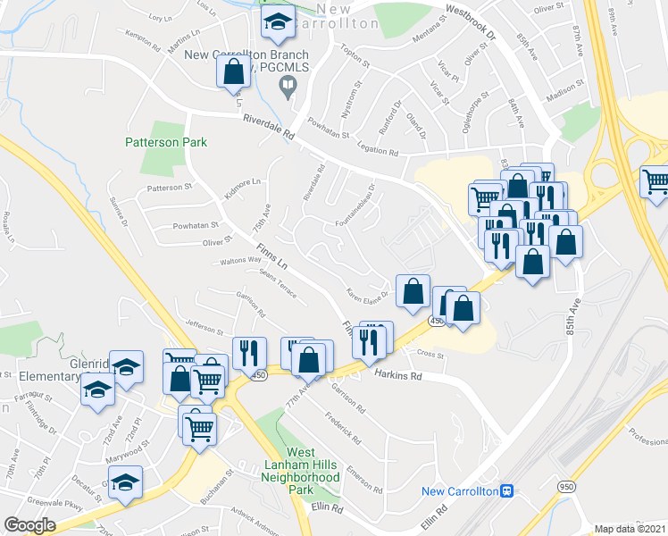map of restaurants, bars, coffee shops, grocery stores, and more near 5536 Karen Elaine Drive in New Carrollton