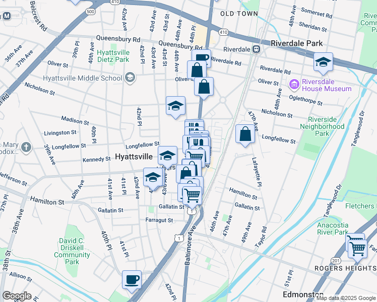 map of restaurants, bars, coffee shops, grocery stores, and more near 5511 44th Avenue in Hyattsville