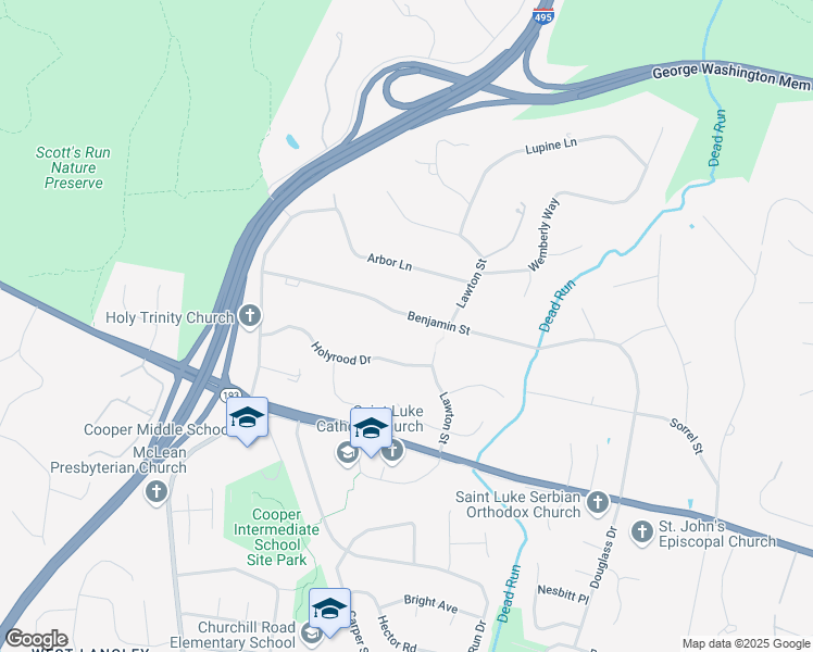 map of restaurants, bars, coffee shops, grocery stores, and more near 7009 Benjamin Street in McLean