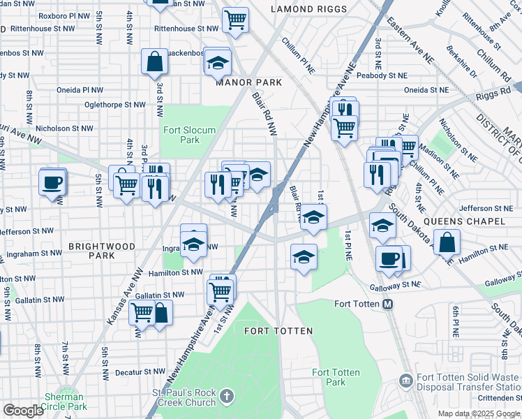 map of restaurants, bars, coffee shops, grocery stores, and more near 5420 New Hampshire Avenue Northwest in Washington