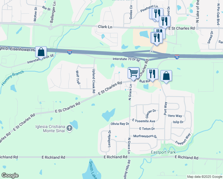 map of restaurants, bars, coffee shops, grocery stores, and more near 5202 East Saint Charles Road in Columbia