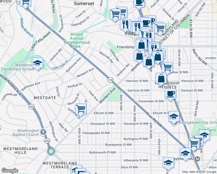map of restaurants, bars, coffee shops, grocery stores, and more near 5062 Park Place in Bethesda
