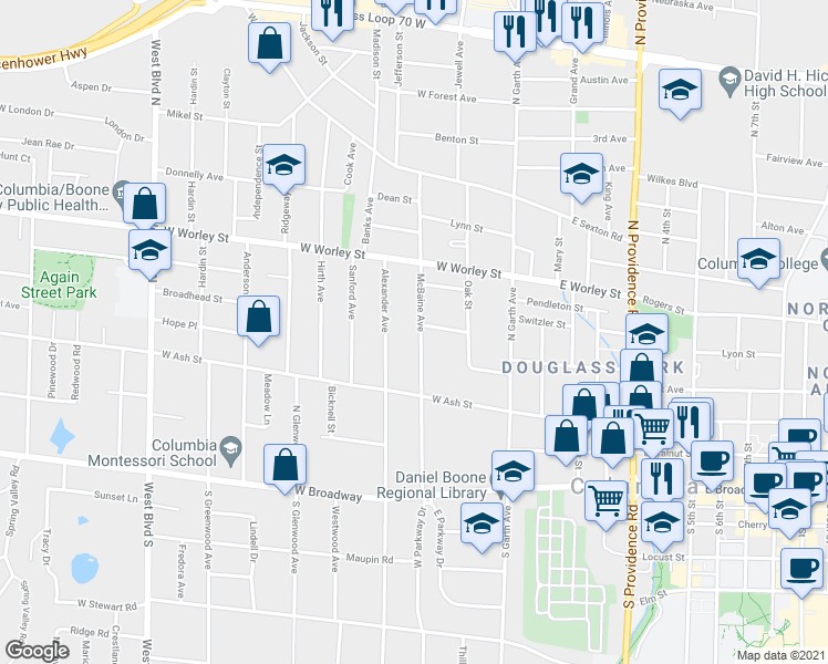 map of restaurants, bars, coffee shops, grocery stores, and more near 307 McBaine Avenue in Columbia