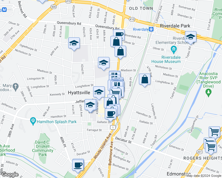 map of restaurants, bars, coffee shops, grocery stores, and more near 5511 44th Avenue in Hyattsville