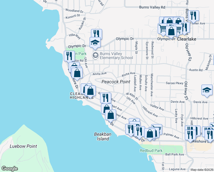 map of restaurants, bars, coffee shops, grocery stores, and more near 14216 Ridge Road in Clearlake
