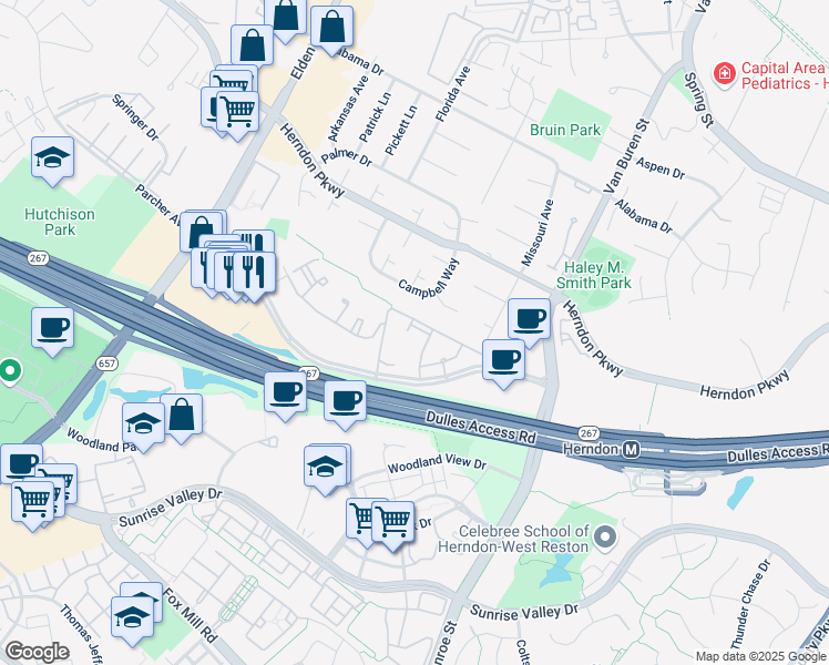 map of restaurants, bars, coffee shops, grocery stores, and more near 12913 Alton Square in Herndon