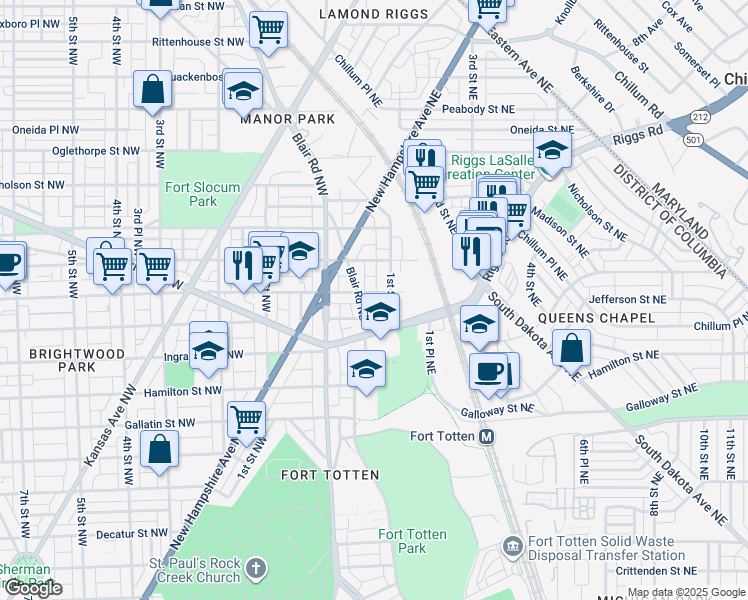 map of restaurants, bars, coffee shops, grocery stores, and more near 43 Kennedy Street Northeast in Washington
