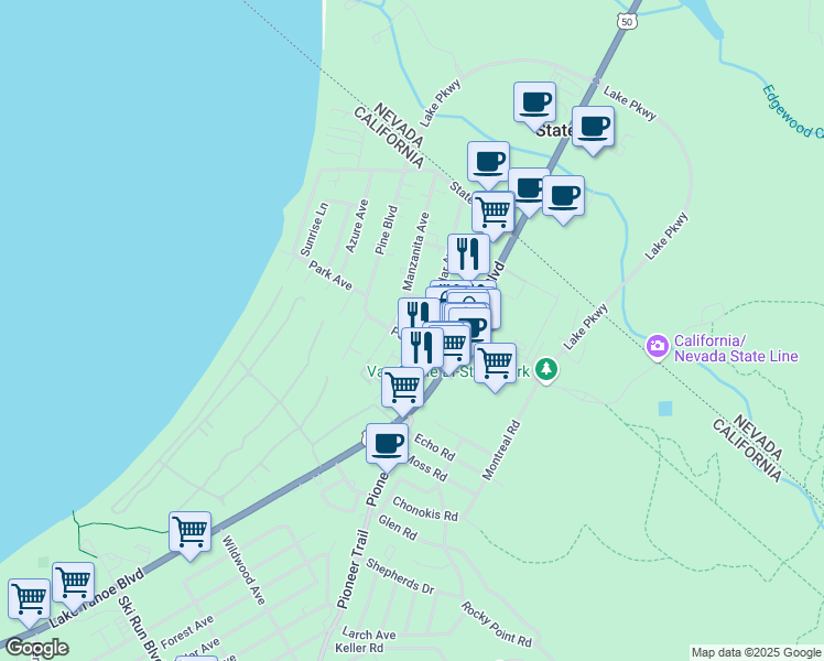 map of restaurants, bars, coffee shops, grocery stores, and more near 947 Park Avenue in South Lake Tahoe