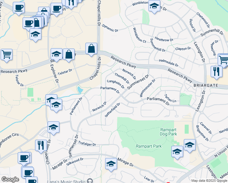 map of restaurants, bars, coffee shops, grocery stores, and more near 2345 Parliament Drive in Colorado Springs