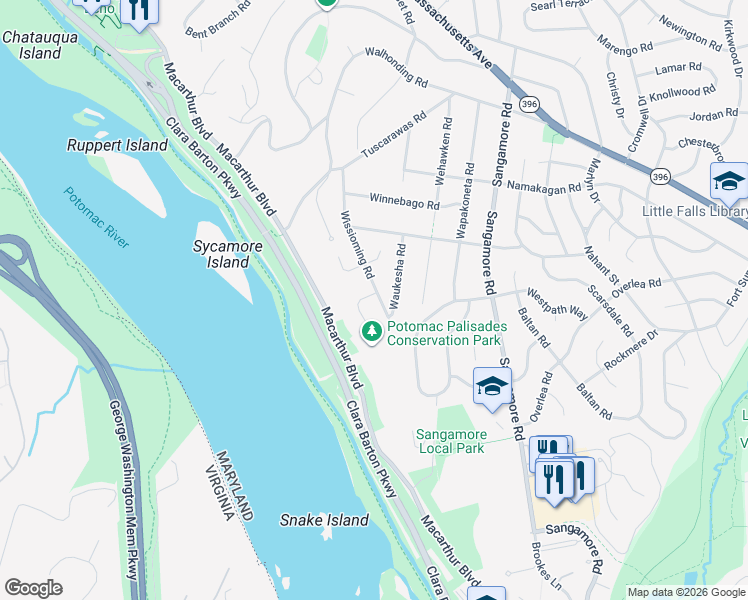 map of restaurants, bars, coffee shops, grocery stores, and more near 5109 River Hill Road in Bethesda
